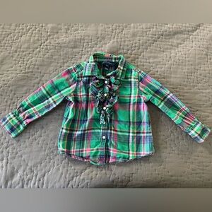 RALPH LAUREN Button Down Shirt Size 2T Green Pink Plaid Ruffle Front Long Sleeve